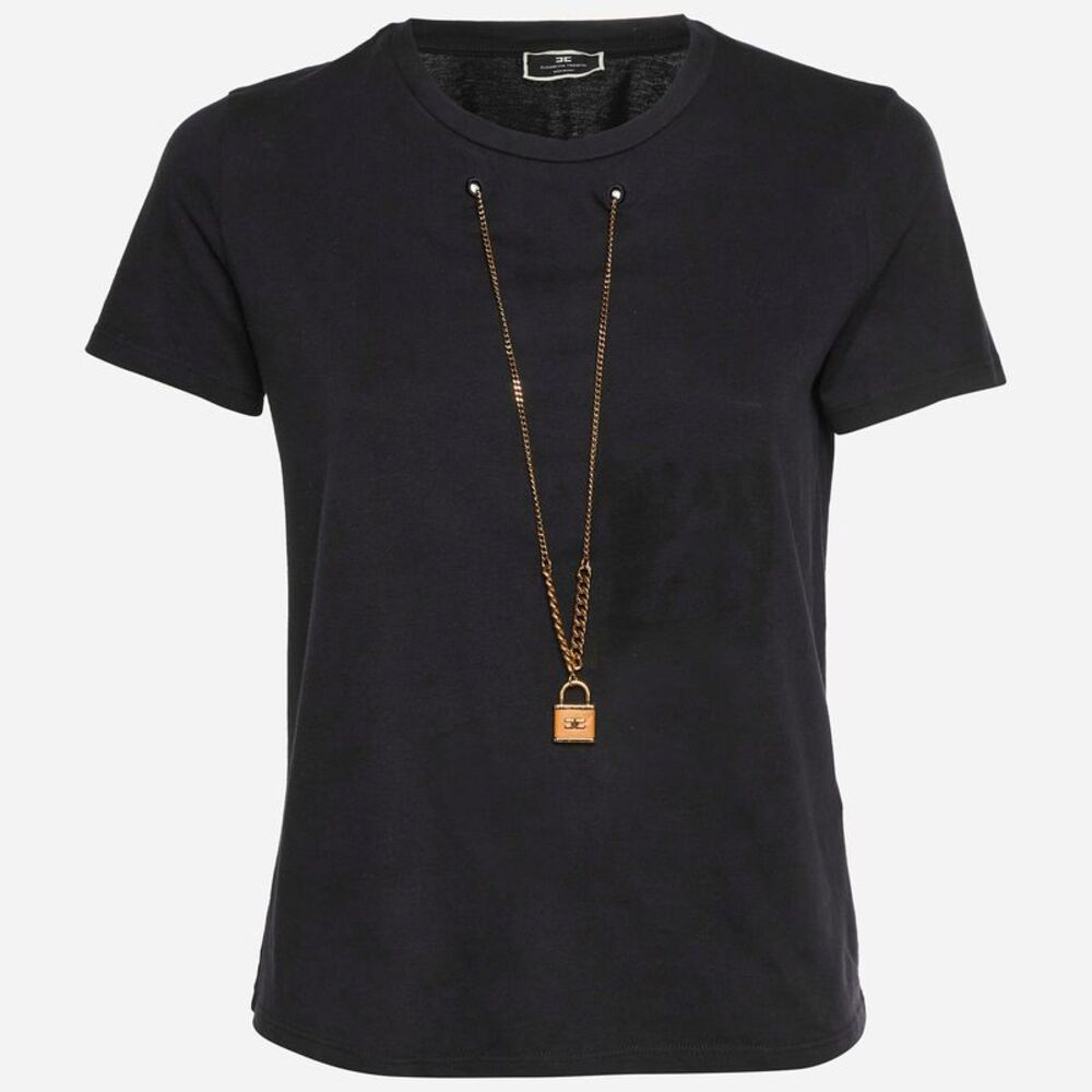 Elisabetta Franchi Black Cotton Knit Chain Detail T-Shirt S